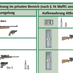Illustrationen zeigen, wie man eine Waffe sichern kann: verschiedene Gewehre, Pistolen und Munition werden in Schränken und Safes aufbewahrt.