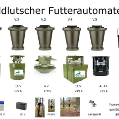 Verschiedene Modelle von Futterautomaten für die Jagd, inklusive Zubehör wie Batterien und Ladegerät.
