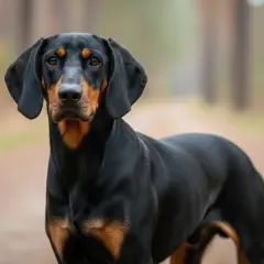 Ein schwarzer Kopov Bracke mit braunen Abzeichen steht auf einem Waldweg.