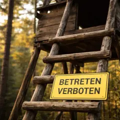 Ein hölzerner Hochsitz im Wald mit einem Schild "BETRETEN VERBOTEN". Wer den Hochsitz betritt, riskiert eine Strafe.