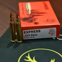 Zwei GECO .223 Remington Patronen liegen neben einer orangefarbenen Packung. Die Packung gibt die Energie mit 223 Remington Joule an.
