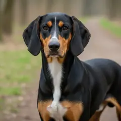 Ein aufmerksamer Hund der Rasse Bracke im Wald. Die gute Bracke Erziehung zeigt sich in seinem ruhigen und fokussierten Blick.