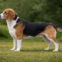 Eine deutsche Bracke mit schwarzem, braunem und weißem Fell steht auf einer grünen Wiese.