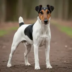 Ein Foxterrier steht auf einem Waldweg. Wie alt werden Foxterrier? Sie sind oft bis zu 15 Jahre alt.