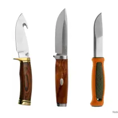Fünf Messer mit unterschiedlichen Klingenformen und Griffen. Die Frage "wie lang darf ein Messer sein in Deutschland" ist hier nicht direkt beantwortbar, aber die Vielfalt zeigt, dass es viele legale Optionen gibt.