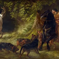 Ein weißer Hirsch mit einem Kreuz zwischen den Geweihen, ein Reiter auf einem schwarzen Pferd und Jagdhunde im Wald. Dies ist die Legende des Heiligen Hubertus, der an seinem Gedenktag, dem Hubertustag, gefeiert wird.