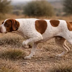 Ein Braque de l'Ariège, ein eleganter Jagdhund, pirscht durch trockenes Gras.