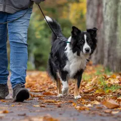 Ein Border Collie läuft an der Leine durch Laub. Beachten Sie die Leinenpflicht zur Brut- und Setzzeit in Schleswig-Holstein.
