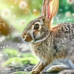 Ein Hase in der Natur, umgeben von Viren. Die Darstellung soll die Gefahr der Hasenpest bei Menschen visualisieren.