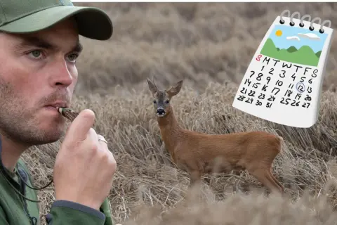 Ein Mann pfeift, um Rehe anzulocken. Ein Kalender zeigt den 12. Tag.