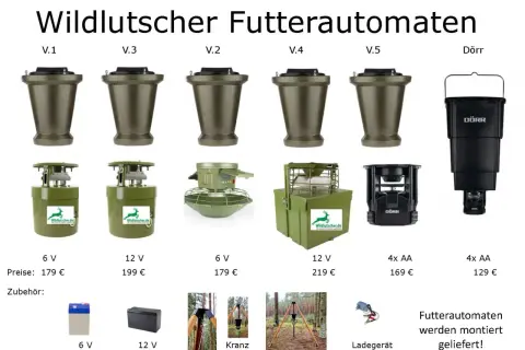 Verschiedene Modelle von Futterautomaten für die Jagd, inklusive Zubehör wie Batterien und Ladegerät.