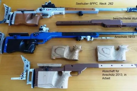 Holzgriffe und Schäfte für Gewehre, ideal zum **Gewehrschaft selber bauen**. Präzisionsschützen zeigen ihre Ausrüstung.