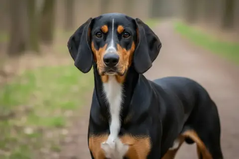 Ein aufmerksamer Hund der Rasse Bracke im Wald. Die gute Bracke Erziehung zeigt sich in seinem ruhigen und fokussierten Blick.