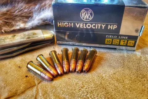 RWS High Velocity HP .22 lr Patronen, 2,6g. Ballistische Daten auf der Packung. Jagdmesser und Fell im Hintergrund.