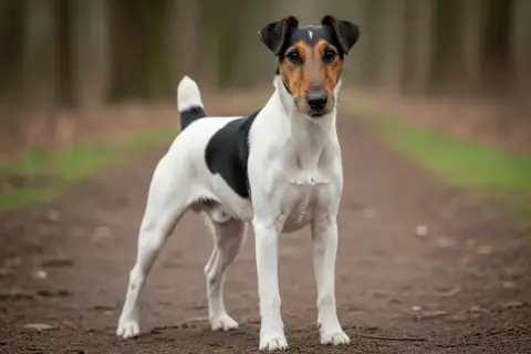 Ein Foxterrier steht auf einem Waldweg. Wie alt werden Foxterrier? Sie sind oft bis zu 15 Jahre alt.