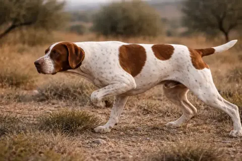 Ein Braque de l'Ariège, ein eleganter Jagdhund, pirscht durch trockenes Gras.