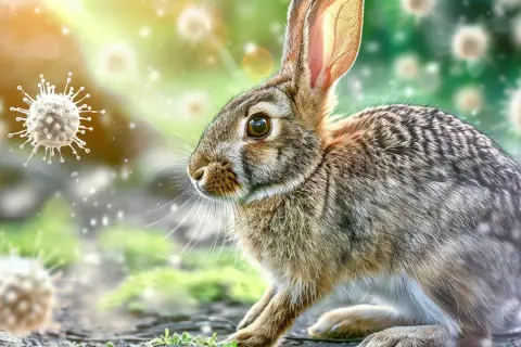 Ein Hase in der Natur, umgeben von Viren. Die Darstellung soll die Gefahr der Hasenpest bei Menschen visualisieren.