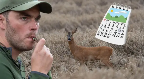 Ein Mann pfeift, um Rehe anzulocken. Ein Kalender zeigt den 12. Tag.