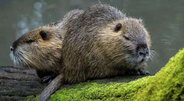 Zwei Nutrias ruhen auf einem moosbewachsenen Baumstamm am Wasser. Sie scheinen aufmerksam, vielleicht auf der Suche nach Nahrung, was an nutria jagen erinnert.
