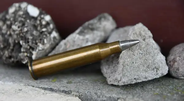 Eine Patrone 6,5x57 liegt auf Steinen. Sie ist bereit für die Jagd auf Schwarzwild.
