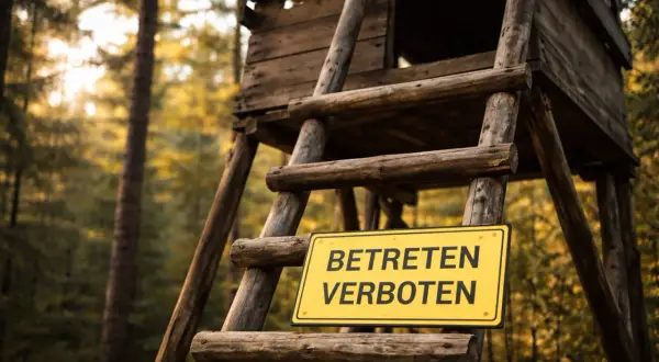 Ein hölzerner Hochsitz im Wald mit einem Schild "BETRETEN VERBOTEN". Wer den Hochsitz betritt, riskiert eine Strafe.