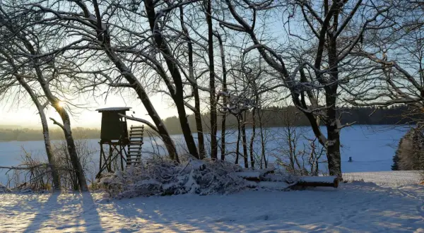 Schneebedeckte Bäume und ein Hochsitz am See. Ein Schild "Luderplatz verboten" ist nicht zu sehen, aber die Szene wirkt ruhig und unberührt.