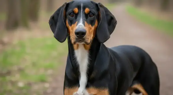 Ein aufmerksamer Hund der Rasse Bracke im Wald. Die gute Bracke Erziehung zeigt sich in seinem ruhigen und fokussierten Blick.