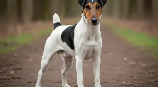 Ein Foxterrier steht auf einem Waldweg. Wie alt werden Foxterrier? Sie sind oft bis zu 15 Jahre alt.