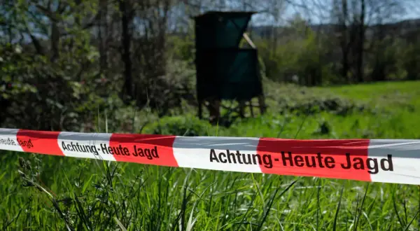 Absperrband mit der Aufschrift "Achtung - Heute Jagd" im Vordergrund. Im Hintergrund ein Hochsitz und Bäume.