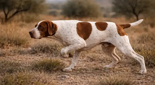 Ein Braque de l'Ariège, ein eleganter Jagdhund, pirscht durch trockenes Gras.
