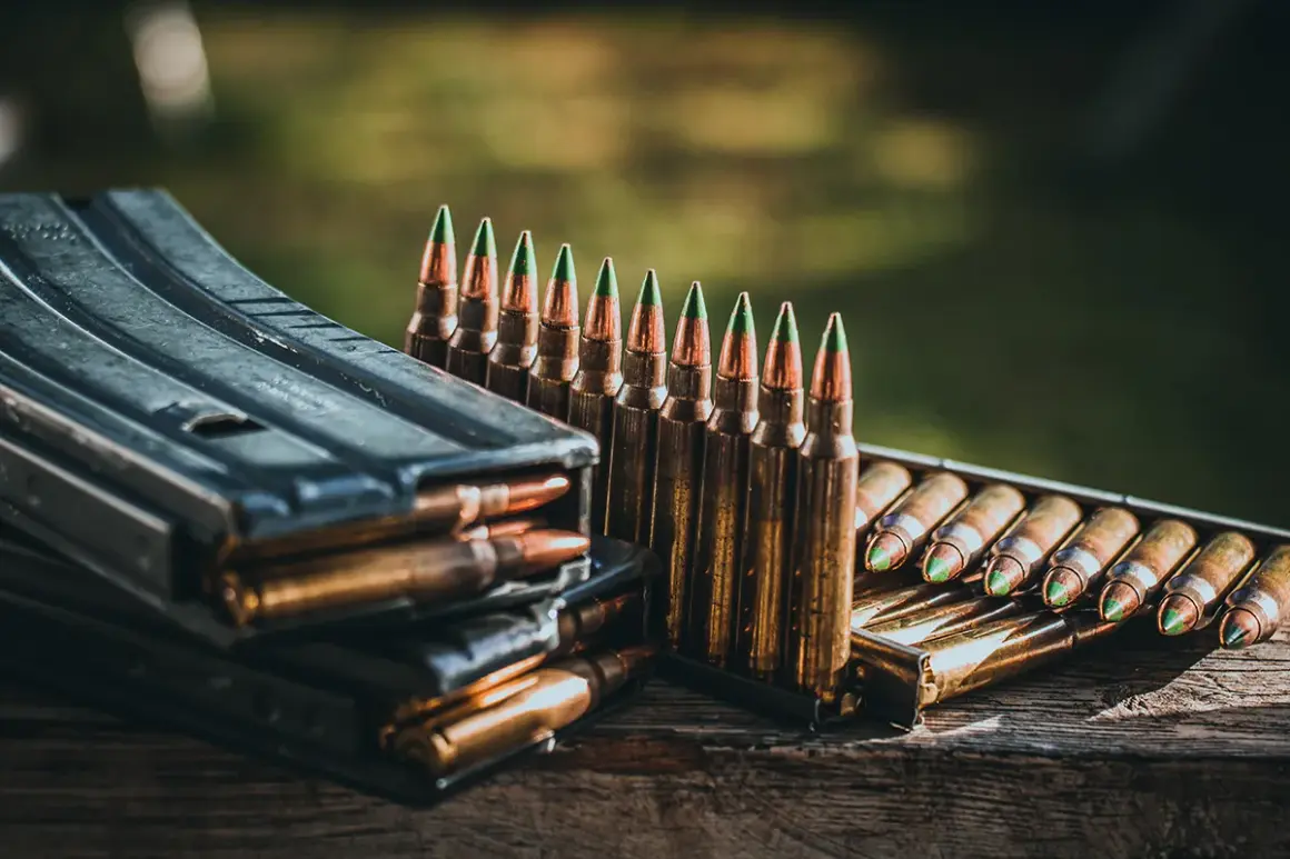 Munition im Kaliber 5,56 mm liegt bereit. Ein Magazin stapelt sich mit Patronen, daneben eine Reihe von Patronen mit grünen Spitzen.