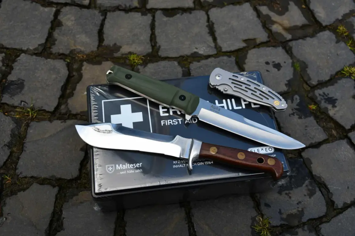 Drei Messerarten, von Jagdmessern bis zu Klappmessern, liegen auf einer Erste-Hilfe-Box. Diese Messer sind vielseitige Werkzeuge und können auch als Waffen dienen.