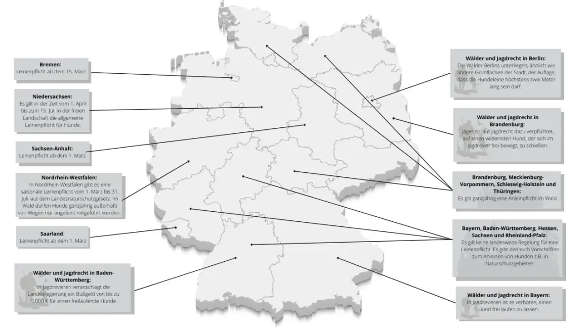 Karte Deutschlands mit Leinenpflicht-Regelungen und Jagdrecht. Brut- und Setzzeit RLP wird nicht erwähnt.