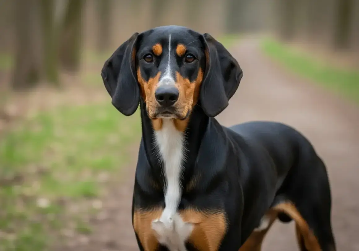 Ein aufmerksamer Hund der Rasse Bracke im Wald. Die gute Bracke Erziehung zeigt sich in seinem ruhigen und fokussierten Blick.
