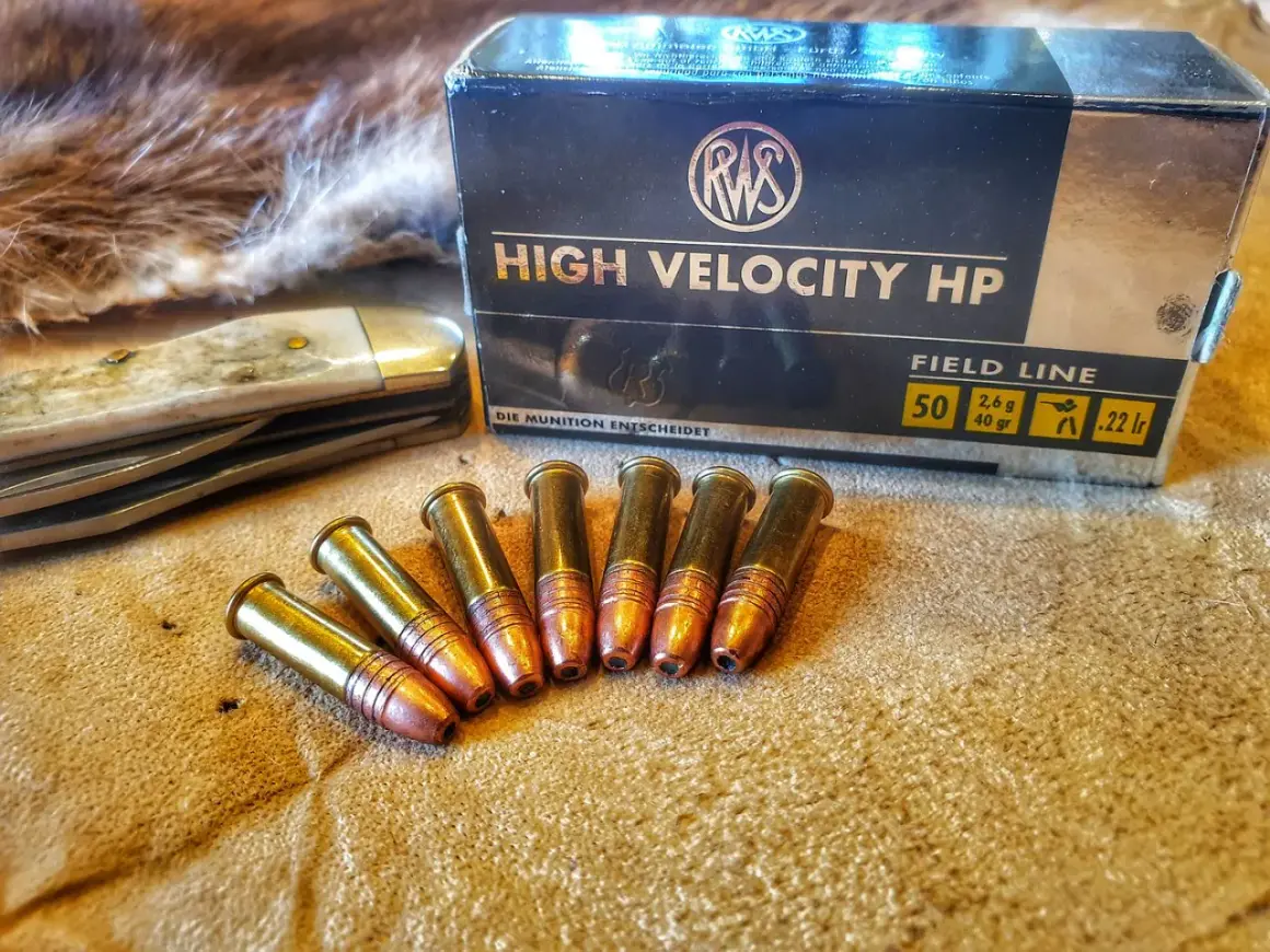 RWS High Velocity HP .22 lr Patronen, 2,6g. Ballistische Daten auf der Packung. Jagdmesser und Fell im Hintergrund.