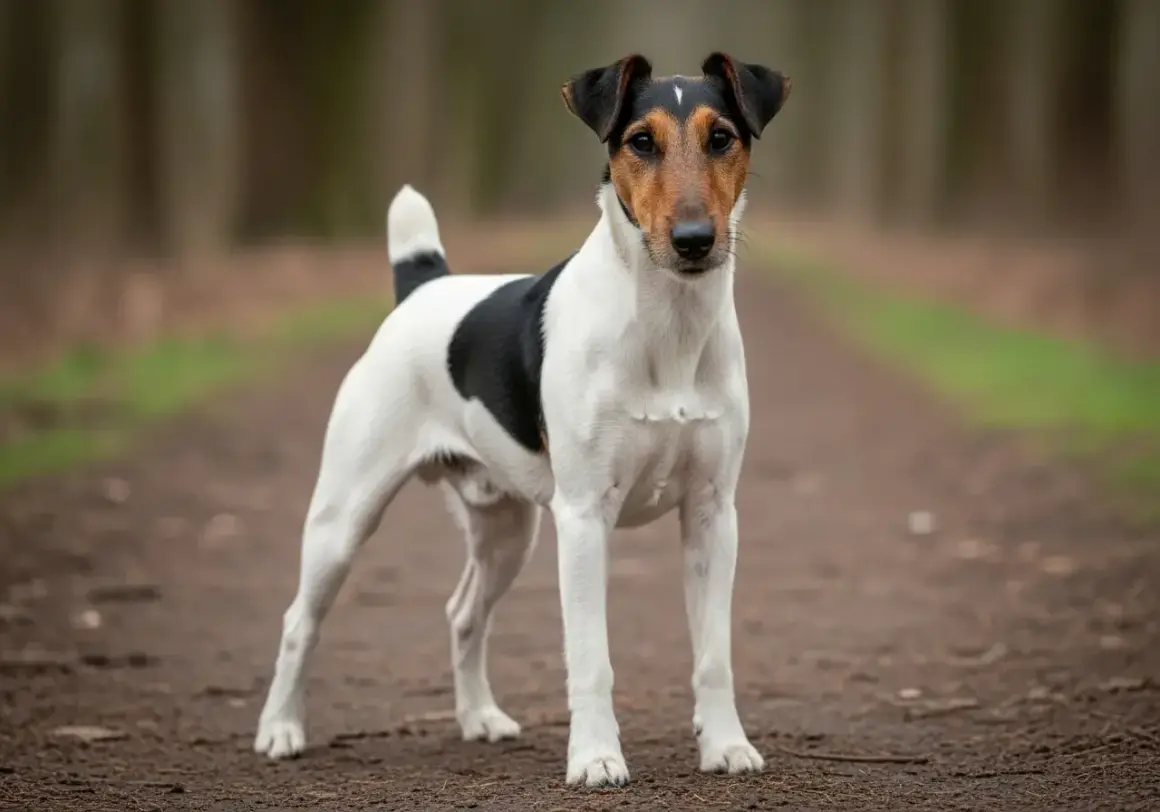 Ein Foxterrier steht auf einem Waldweg. Wie alt werden Foxterrier? Sie sind oft bis zu 15 Jahre alt.