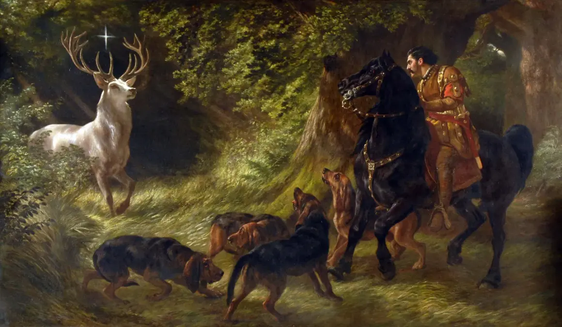 Ein weißer Hirsch mit einem Kreuz zwischen den Geweihen, ein Reiter auf einem schwarzen Pferd und Jagdhunde im Wald. Dies ist die Legende des Heiligen Hubertus, der an seinem Gedenktag, dem Hubertustag, gefeiert wird.