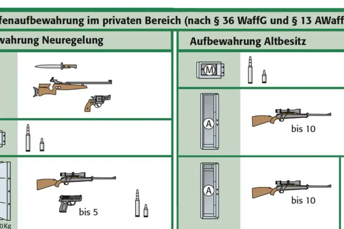 Illustrationen zeigen wesentliche waffenteile wie Messer, Gewehre und Revolver, sowie Tresore und Waffenschränke zur sicheren Aufbewahrung.