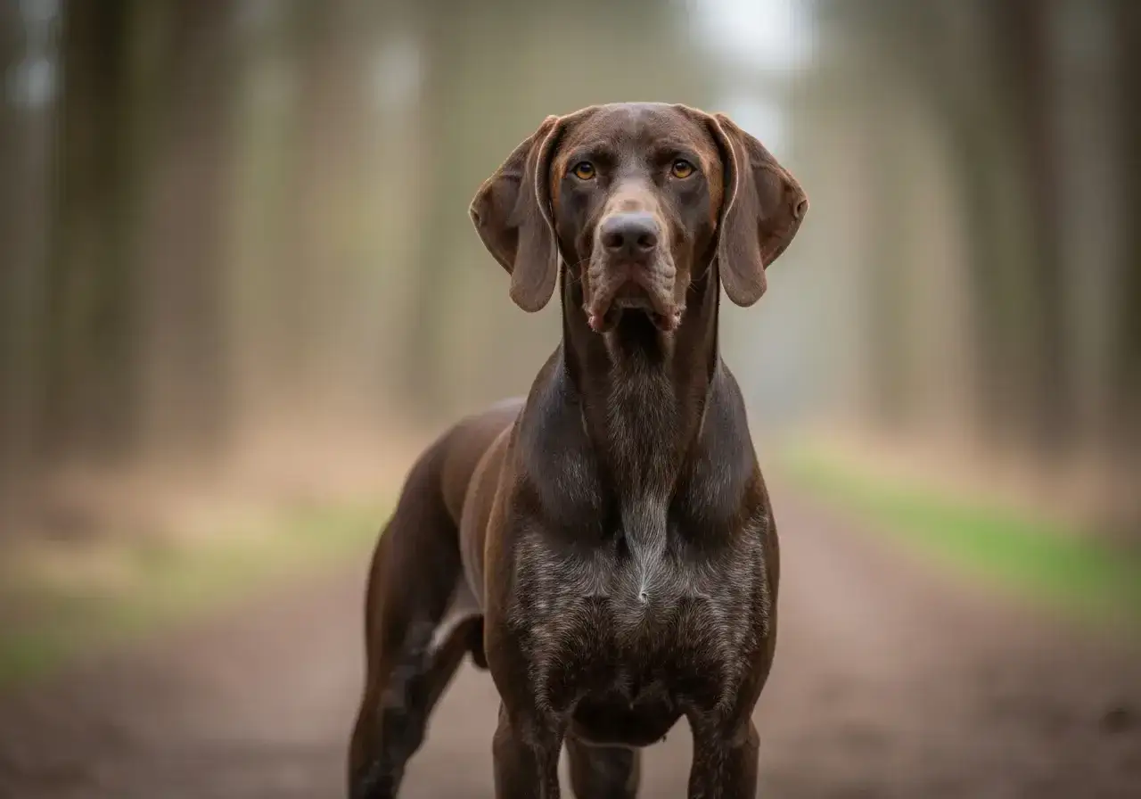 Ein brauner Deutsch Kurzhaar steht auf einem Waldweg, bereit für die Jagd.
