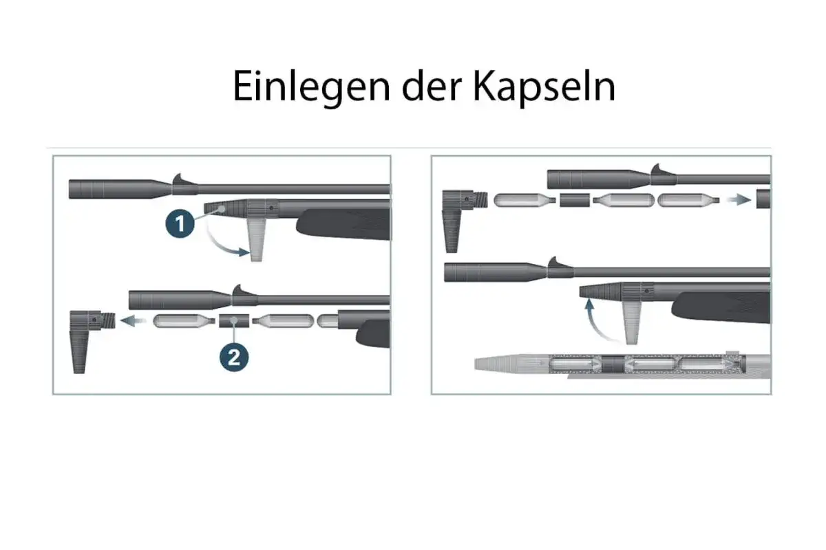 Anleitung zum Einlegen von Kapseln in ein Luftgewehr. Zeigt, wie man die Kapseln in den Ladebereich einführt.