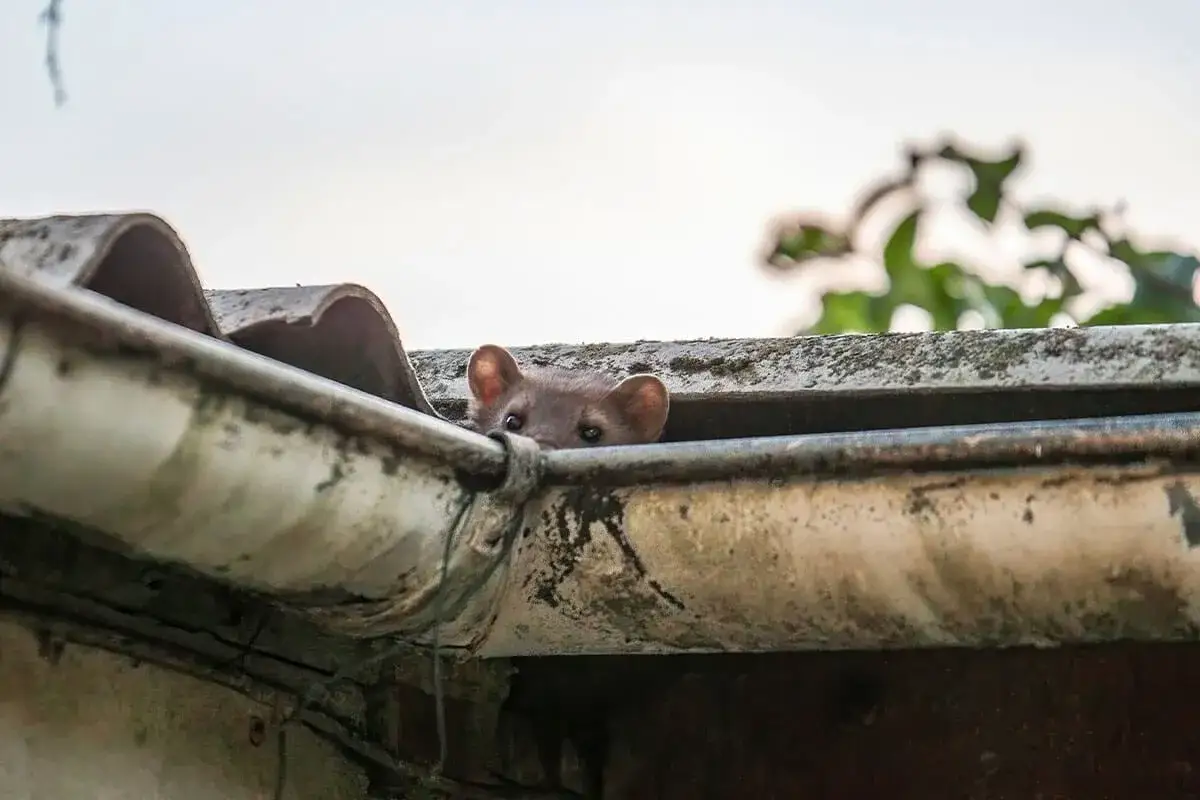 Ein Marder lugt neugierig aus einer Dachrinne. Was lockt Marder an? Vielleicht ein geschütztes Versteck wie dieses.