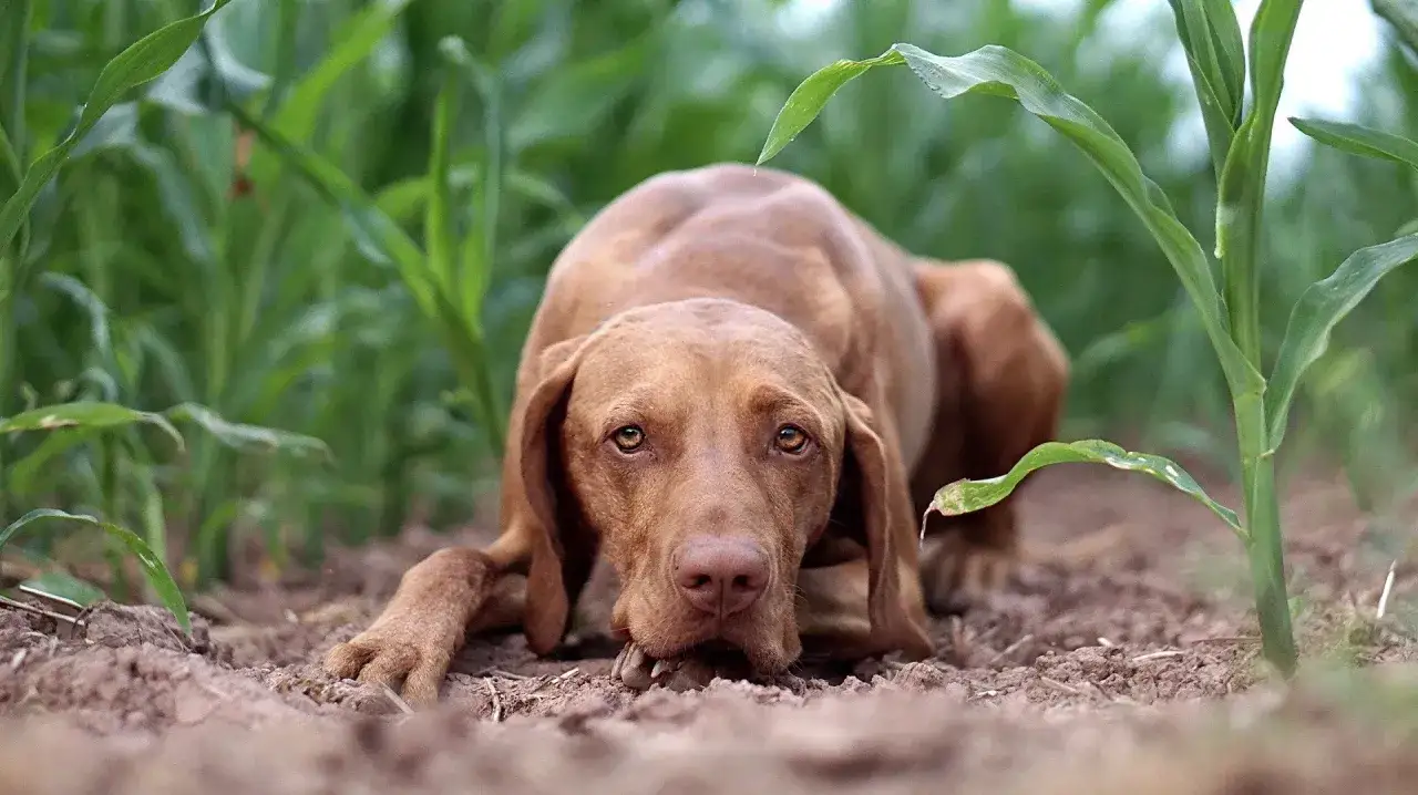Ein Magyar Vizsla Kurzhaar liegt im Maisfeld, die Augen aufmerksam auf etwas im Boden gerichtet.