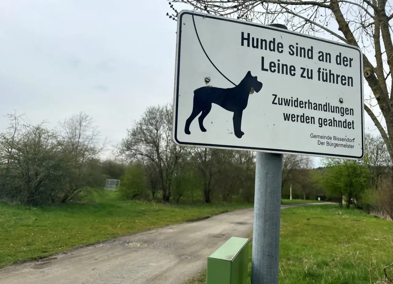 Schild: Hunde an der Leine führen. Wichtig während der Brut- und Setzzeit in Schleswig-Holstein.