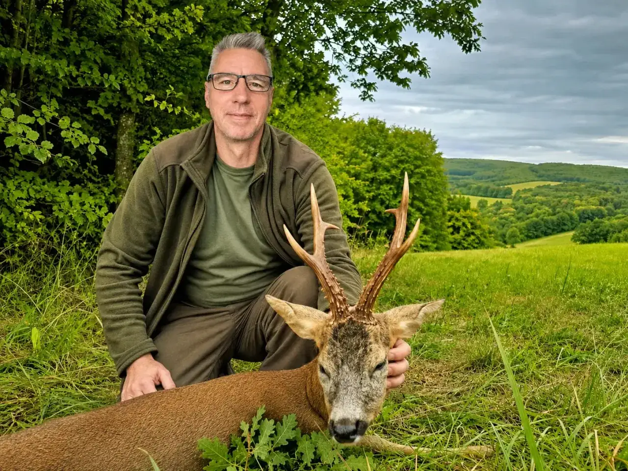 Ein Jäger kniet neben einem erlegten Rehbock. Die Trophäe, ein schöner Rehbock, liegt im Gras.