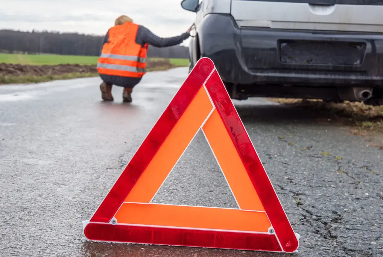 Warnblinker an, Warndreieck aufstellen: Was tun bei Wildunfall? Frau in Warnweste sichert Unfallstelle ab.