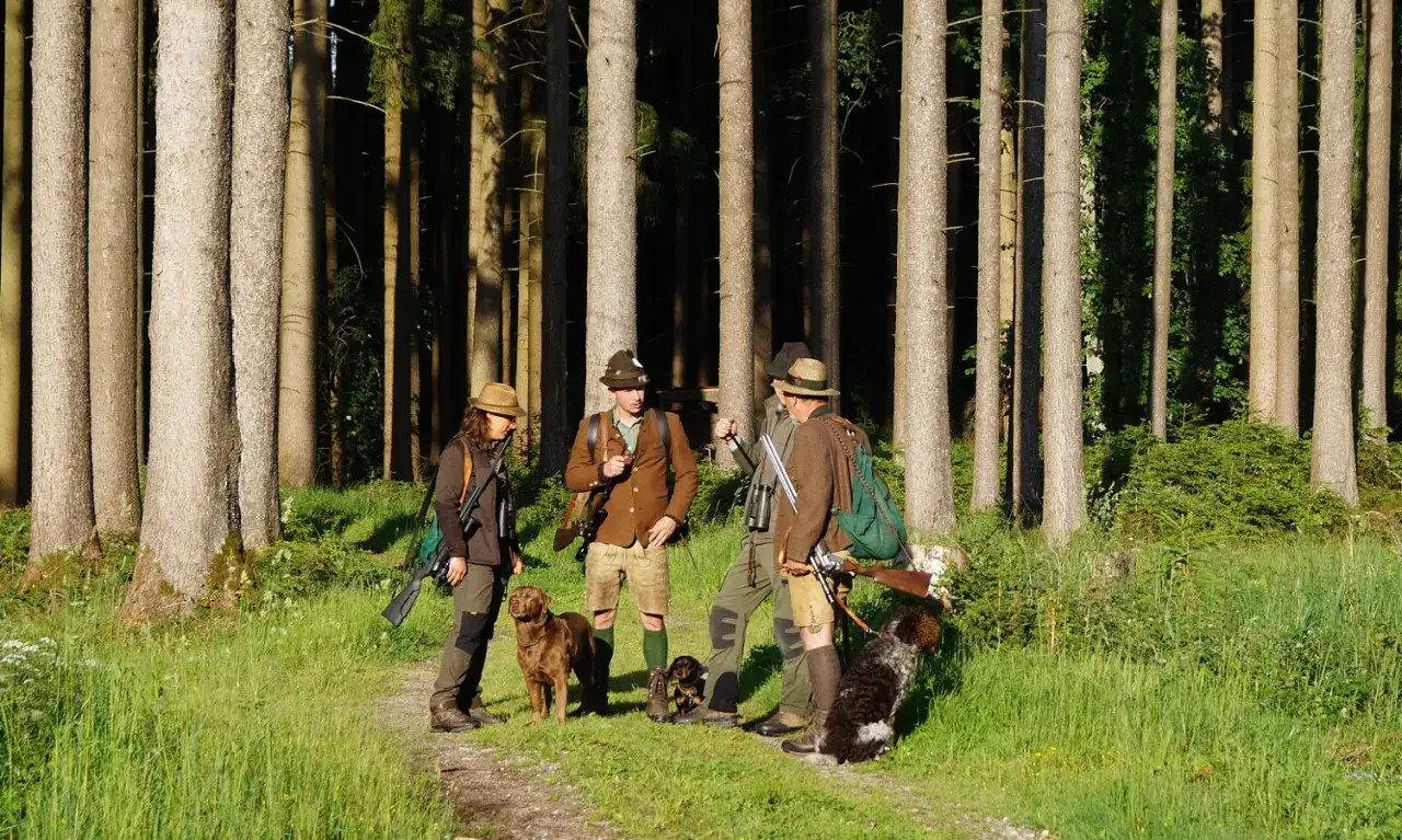 Jäger mit Hunden im Wald, bereit für die Jagd. Sie haben ihren entgeltlichen begehungsschein dabei.