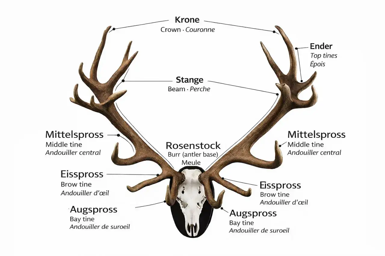 Rotwildgeweih mit Beschriftungen: Krone, Stange, Mittelspross, Eisspross, Augspross, Ender, Rosenstock. Hilft bei der Altersbestimmung.