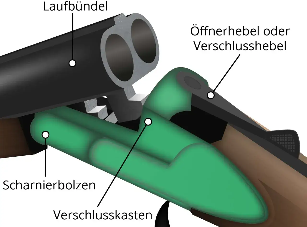 Detailansicht wesentliche waffenteile: Laufbündel, Öffnerhebel, Scharnierbolzen und Verschlusskasten einer Schrotflinte.