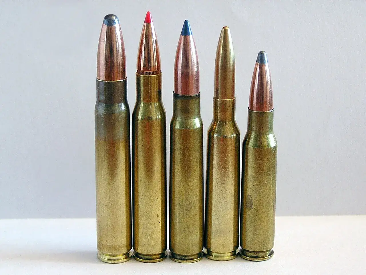 Fünf Patronen, darunter eine 9,3x62 und eine .308, stehen nebeneinander.