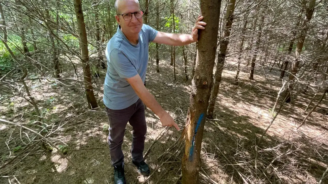 Mann zeigt auf Baum mit blauer Markierung, ein Zeichen gegen Wilderei in Deutschland.